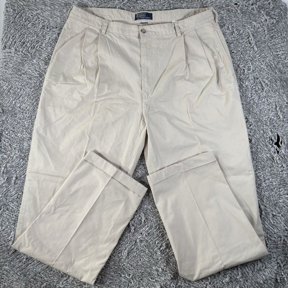 Polo Ralph Lauren Hammond Pants Mens 40/34 Beige Pleated Preppy Chino VTG 90s